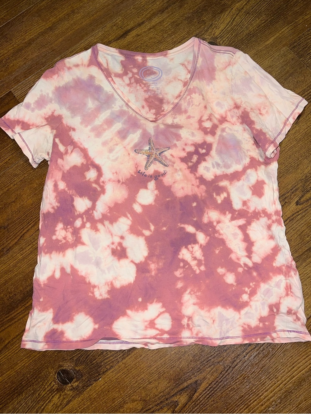 Life Is Good Pink Tie-Dye Cream V-Neck Cotton Starfish Short Sleeve Shirt Size L